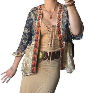 ✨ Embroidered Boho Kimono Jacket • Festival Paisley Velvet Trim Top